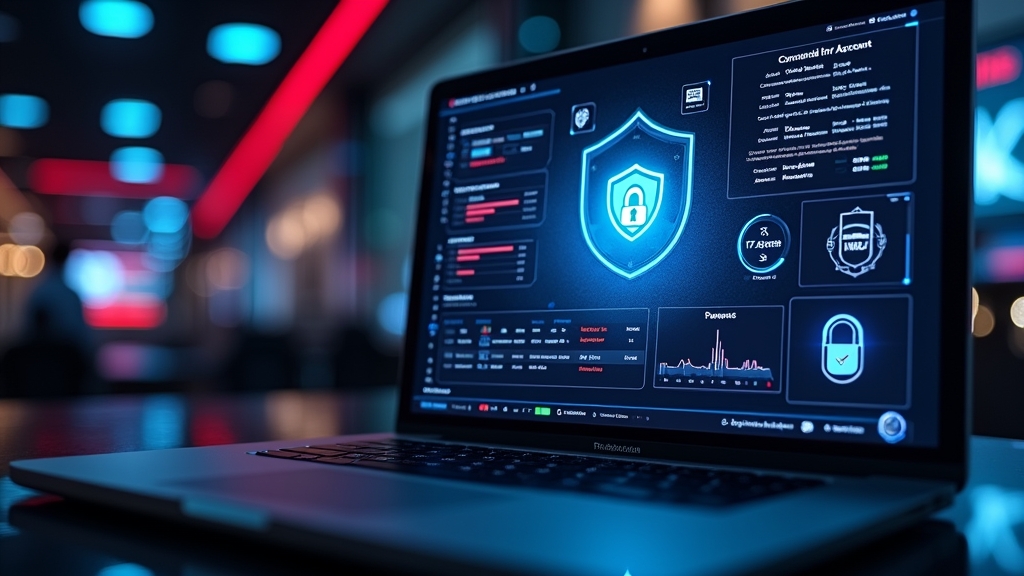 Account dashboard with security icons in a dark casino-themed room