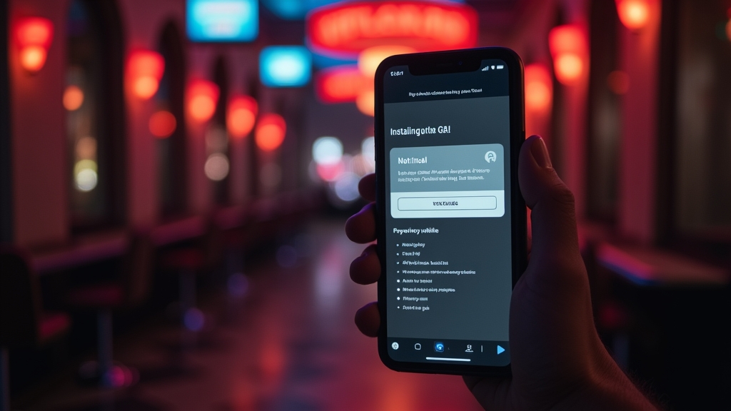 Phone installing a casino app with permissions and progress bar