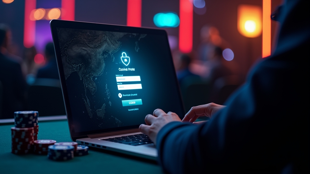 Desktop browser login screen glowing in a dark casino lounge
