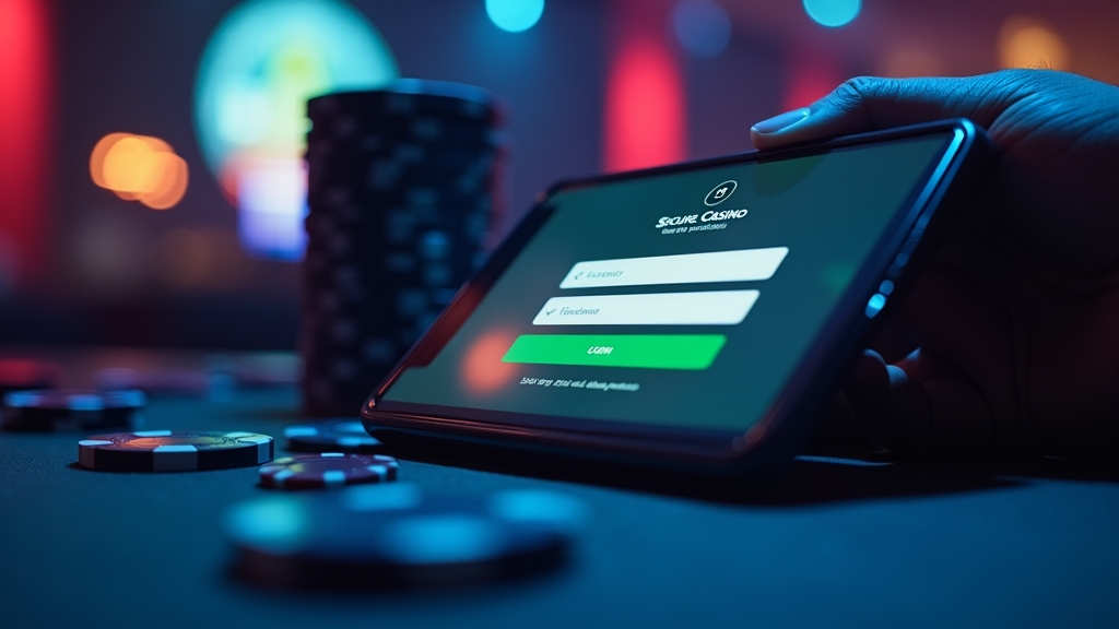 Phone showing a secure login form beside casino chips in dark lighting